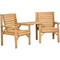 Outsunny Wooden Garden Love Seat, 2 Seater Jack & Jill Companion Seat with Coffee Table and Parasol Hole, Partner Bench, Partner Bench, Brown