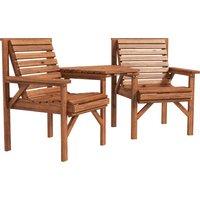 Outsunny Wooden Garden Love Seat w/ Coffee Table Umbrella Hole, Tan Brown