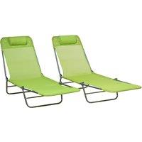 Outsunny Reclining Sun Lounger, Set of 2, Folding Outdoor Day Bed with Pillow, Steel Frame, Breathable Mesh, Green Aosom UK