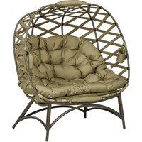 Outsunny 2 Seater Egg Chair Outdoor, Folding Weave Garden Furniture Chair with Cushion, Cup Pockets - Khaki