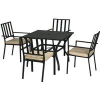 Outsunny 5-Piece Outdoor Dining Set with Cushions, Metal Table & 4 Stackable Chairs, Umbrella Hole, Black Aosom UK