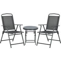 Outsunny 3 Pcs Garden Table and Chairs, Outdoor Bistro Set, Patio Conversation Furniture Set w/ Foldable Armchairs & Glass Top Coffee Table, Dark Grey
