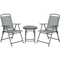 Outsunny 3 Pcs Garden Table and Chairs, Outdoor Bistro Set, Patio Conversation Furniture Set w/ Foldable Armchairs, Glass Top Coffee Table, Light Grey