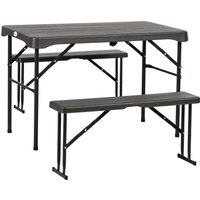 Outsunny Folding Picnic Table with 2 Benches, 3-Piece Portable Garden Furniture Set for 4, Dining Table Set with Plastic Top, Steel Frame, Dark Grey