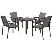 Outsunny 5 Pieces Garden Dining Set with Glass Top Dining Table, Outdoor Umbrella Hole Table and 4 Armchairs w/ Breathable Mesh Fabric Seats