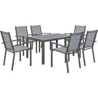 Outsunny 7 Pieces Garden Dining Set with Wood-plastic Composite Dining Table, and 6 Stackable Armchairs with Breathable Mesh Fabric