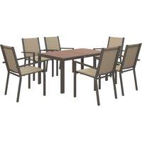 Outsunny 7 Pieces Garden Dining Set with Wood-plastic Composite Dining Table, Outdoor Table and 6 Stackable Armchairs with Texteline Seat