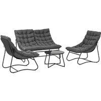 Outsunny 4 Seater Garden Furniture Set, Conversation Set with Loveseat Sofa, Chairs, Glass Coffee Table, Thick Cushions, Steel Outdoor Sofa for Balcony, Poolside, Conservatory, Grey