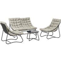 Outsunny 4 Seater Garden Furniture Set, Conversation Set with Loveseat Sofa, Chairs, Glass Coffee Table, Thick Cushions, Steel Outdoor Sofa for Balcony, Poolside, Conservatory, Light Grey