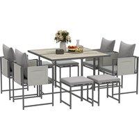 Outsunny 9 Piece Garden Dining Set, 8 Seater Garden Table and Chairs with 4 Stools, Square PSPC Plastic Top Table, Side Pockets for Patio, Grey