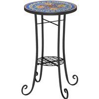 Outsunny Mosaic Garden Table, 35.5 cm Round Outdoor Table with Shelf, Ceramic Tile Top, Small Garden Side Table for Indoor, Patio, Balcony, Blue