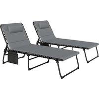 Outsunny Folding Sun Loungers Set of 2, Recliner Garden Chairs with Quick Drying Pad Headrest Side Pocket for Beach Pool, Charcoal Grey