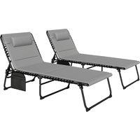 Outsunny Folding Sun Loungers Set of 2, Recliner Garden Chairs with Quick Drying Pad Headrest Side Pocket for Beach Pool, Light Grey