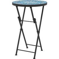 Outsunny Mosaic Outdoor Garden Table, 35.5cm Round Folding Coffee Table with Metal Frame for Balcony Terrace, Blue