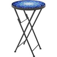 Outsunny Mosaic Outdoor Garden Table, 35.5cm Round Folding Coffee Table with Metal Frame for Balcony Terrace, Navy Blue