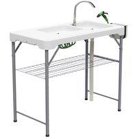 Outsunny Folding Fish Cleaning Table with Sinks, Portable Camping Sink Table with Faucet, Drainage Hose