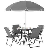 Outsunny 4 Seater Garden Furniture Set, 6 Pieces Garden Table and Chairs with Parasol, Folding Chairs and Round Glass Top Table for Patio, Grey