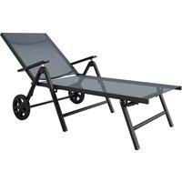 Outsunny Folding Sun Lounger with Wheels, 5-Position Adjustable Garden Chaise Lounge Sunbed with Armrests, Metal Frame Outdoor Portable Reclining Chair for Beach, Porch, Grey