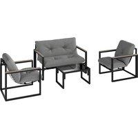 Outsunny Garden Furniture Set, 4 Piece Indoor Outdoor Conservatory with Loveseat Sofa, Armchairs, Glass Top Coffee Table, Cushions for Balcony, Poolside, Patio, Dark Grey