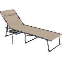 Outsunny Folding Sun Lounger with Side Table, 5-Level Adjustable Reclining Sun Lounger Chair, Portable Garden Recliner Sunbed with Side Pocket, Head Pillow for Patio, Beach, Beige