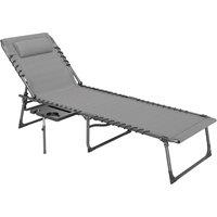 Outsunny Folding Sun Lounger with Side Table, 5-Level Adjustable Reclining Sun Lounger Chair, Portable Garden Recliner Sunbed with Side Pocket, Head Pillow for Patio, Beach, Grey
