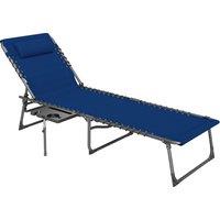 Outsunny Folding Sun Lounger with Side Table, 5-Level Adjustable Reclining Sun Lounger Chair, Portable Garden Recliner Sunbed with Side Pocket, Head Pillow for Patio, Beach, Dark Blue