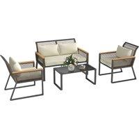 Outsunny Four Piece Wicker Rope Garden Furniture Set with Glass Top Coffee Table - Grey