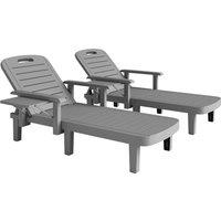 Outsunny Set of 2 Resin Reclining Sun Loungers for Garden, 5 Positions Adjustable Outdoor Chaise Lounge Chairs with Wood Texture Surface, Armrests, Foldable Side Table for Garden, Beach, Dark Grey