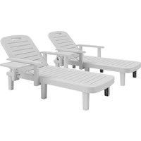 Outsunny Set of 2 Resin Reclining Sun Loungers for Garden, 5 Positions Adjustable Outdoor Chaise Lounge Chairs with Wood Texture Surface, Armrests, Foldable Side Table for Garden, Beach, White