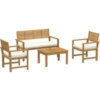 Outsunny 4 Seater Wooden Garden Furniture Set with Loveseat, Armchairs, Table, Acacia Wood Garden Sofa Set, Cream White