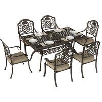 Outsunny Garden Dining Set for 6, Cast Aluminium Outdoor Table and Chairs Set with Cushions, Parasol Hole for Patio, Bronze Tone