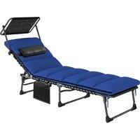 Outsunny Folding Sun Lounger with Canopy, Reclining Sunbed with Cushion, Side Pocket, Carrying Handle, Dark Blue