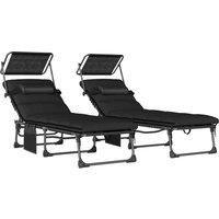 Outsunny Folding Sun Loungers Set of 2 with Canopy, Reclining Sunbed with Cushion, Side Pocket, Carrying Handle, Black