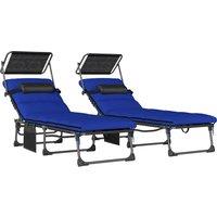 Outsunny Folding Sun Loungers Set of 2 with Canopy, Reclining Sunbed with Cushion, Side Pocket, Carrying Handle, Dark Blue