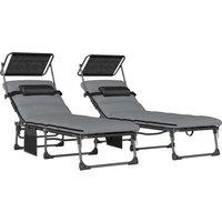 Outsunny Folding Sun Loungers Set of 2 with Canopy, Reclining Sunbed with Cushion, Side Pocket, Carrying Handle, Light Grey