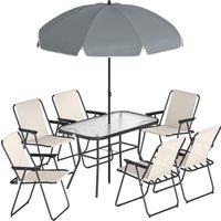 Outsunny 8 Piece Garden Dining Set with Umbrella Garden Furniture Set with 6 Folding Chairs, Tempered Glass Table for Patio Cream