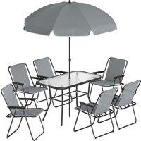 Outsunny 8 Piece Garden Dining Set with Umbrella, Garden Furniture Set with 6 Folding Chairs, Tempered Glass Table for Patio Grey