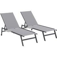 Outsunny Sun Loungers Set of 2 with Side Tray Table, Garden Recliners with 5-Position Adjustable Backrest, 2 Wheels, Grey
