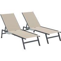 Outsunny Sun Loungers Set of 2 with Side Tray Table, Garden Recliners with 5-Position Adjustable Backrest, 2 Wheels, Khaki
