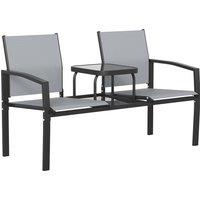 Outsunny Garden Love Seat, 2 Seater Jack and Jill Loveseat Companion Seat with 2-Tier Glass Table, Breathable Texteline, Grey