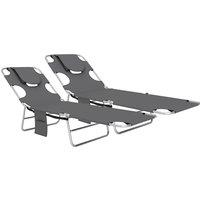 Outsunny Foldable Sun Lounger Set of 2, Beach Chaise Lounge with Reading Hole, Arm Slots, 5-Position Adjustable Backrest, Side Pocket, Pillow for Garden, Beach, Pool, Dark Grey