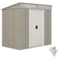 Outsunny 6.5 x 4FT Galvanised Metal Shed with Foundation Kit, Lockable Tool Garden Shed with Double Sliding Doors, Vents, Light Grey Wood Effect
