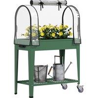 Outsunny Raised Planter with Greenhouse Cover, Mobile Elevated Garden Bed with Wheels and Bottom Shelf for Vegetables, Green