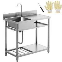 HOMCOM Outdoor Stainless Steel Kitchen Sink, Freestanding Sink Single Bowl with Cold and Hot Water Pipe and Storage Shelves