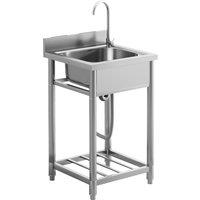 HOMCOM Outdoor Utility Sink, Free Standing Single Bowl Kitchen Sink with Cold and Hot Water Pipe and Storage Shelf for Laundry Garage, Silver Tone