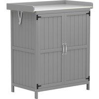 Outsunny Wooden Garden Shed, Garden Tool Storage Shed with Hinged Roof and Shelf, Outdoor Storage Cabinet with Double Doors, Grey