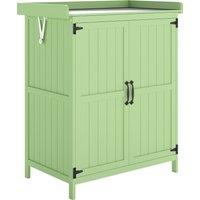 Outsunny Wooden Garden Shed, Garden Tool Storage Shed with Hinged Roof and Shelf, Outdoor Storage Cabinet with Double Doors, Light Green