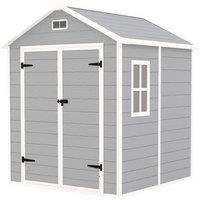Outsunny 6 x 5ft Outdoor Shed with Lockable Doors, Air Vents & Floor, Wood Effect Resin Tool Shed for Storage, Light Grey Aosom UK