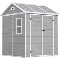 Outsunny 6 x 6ft Garden Shed with Floor, Window, Lockable Doors and Vents, Wood Effect Resin Tool Shed for Outdoor Patio, Grey