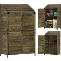 Outsunny Lean to Wooden Garden Shed, Garden Tool Storage Shed with Double Doors and Shelves, Outdoor Storage Cabinet for Patio Deck Garden, Green
